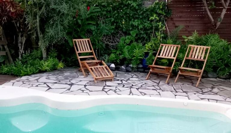 La piscine entourée de végétation dans le jardin de la maison d'hôtes