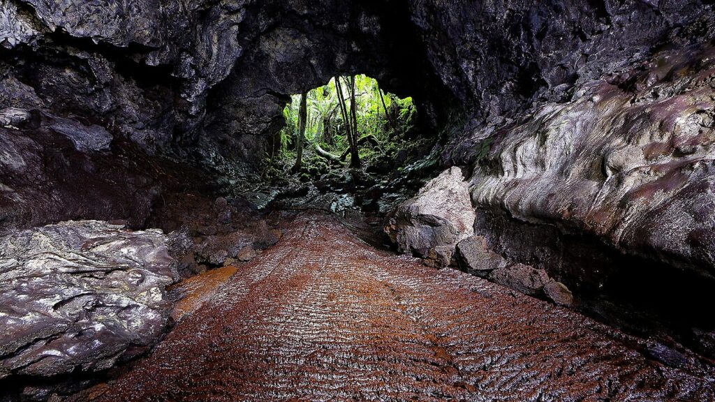 L’intérieur d’un tunnel de lave à Saint-Philippe : sol de lave figée, sortie vers la végétation